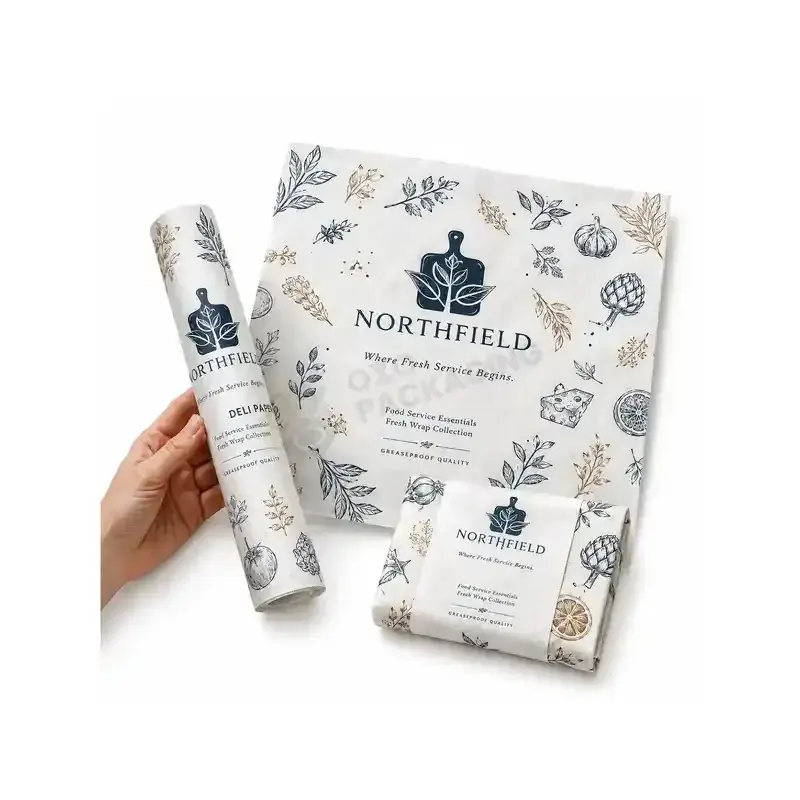 White wrapping roll and sheets with dark botanical graphics.