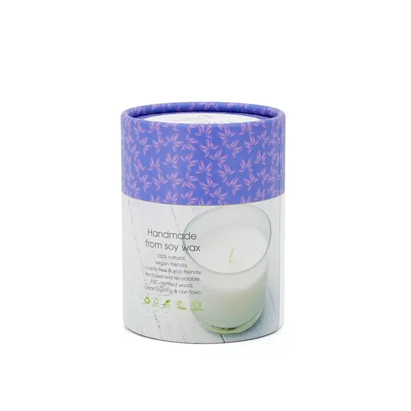 Upright white printed tube with a purple patterned cap.
