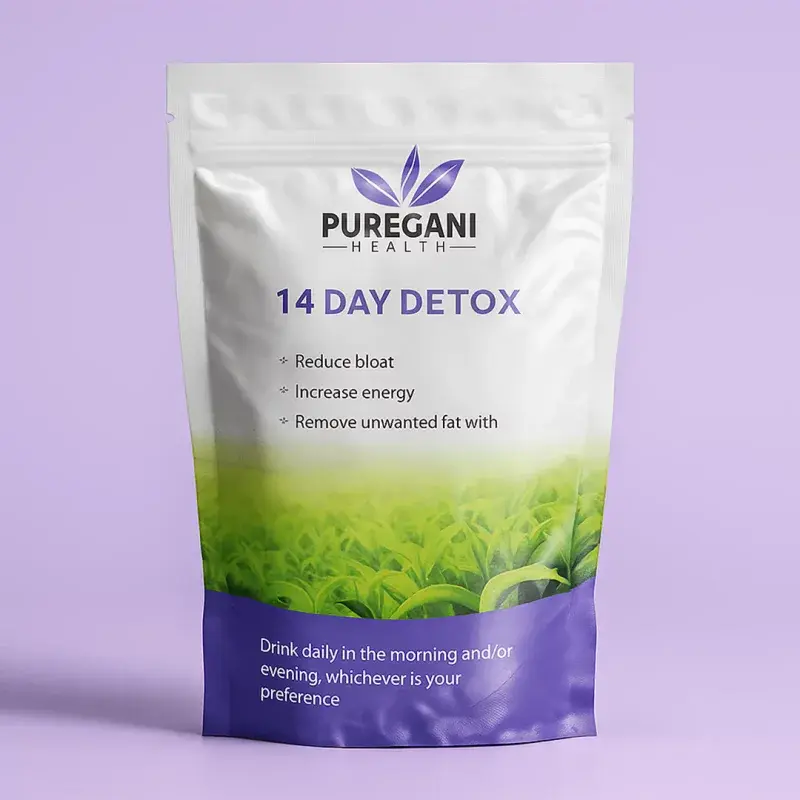 White and purple resealable pouch with a clear lower window.