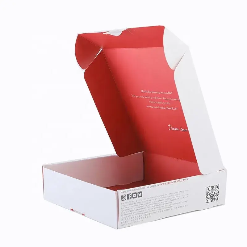 Open white mailer with a red printed interior lid.