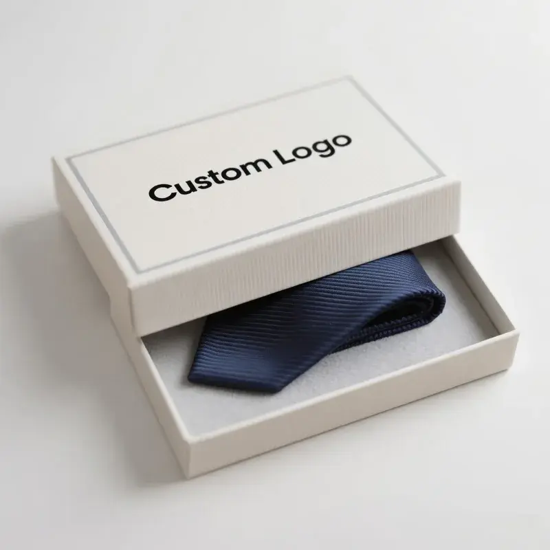 Open white presentation box holding a folded dark tie.
