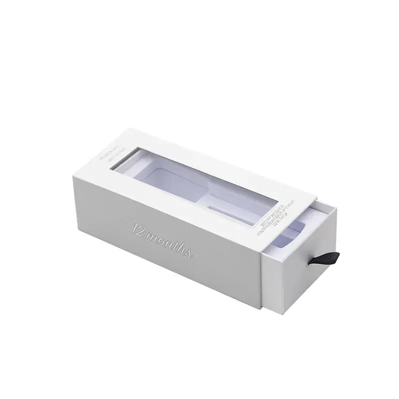 White drawer box with a clear top window and a ribbon pull.