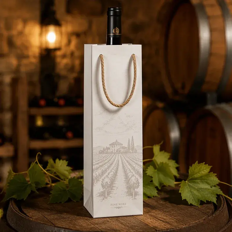 Tall white bottle bag with rope handles and pale vine graphics.