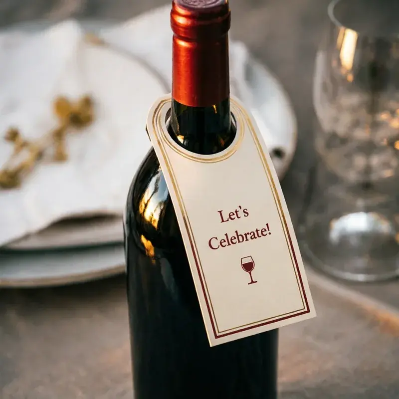 Wine bottle with a cream celebration tag around its neck.