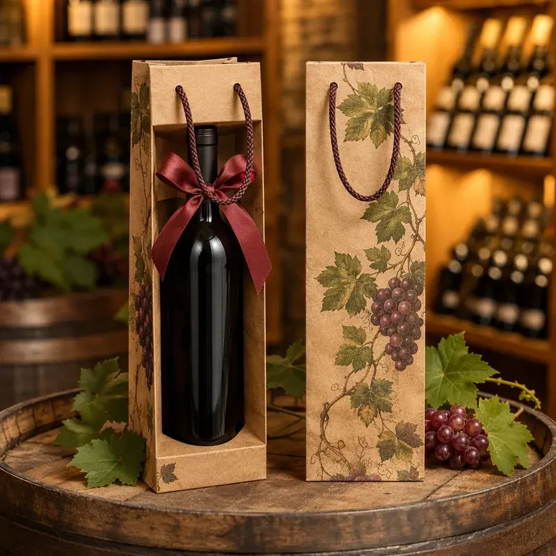 Tall kraft bottle bags with cord handles and a windowed front.