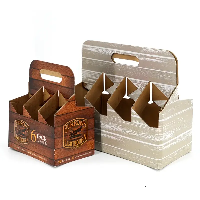 Brown and pale wood-patterned bottle carriers with dividers.