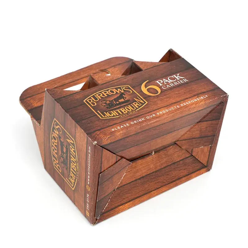 Wood-patterned cardboard carrier showing its folded bottom panels.