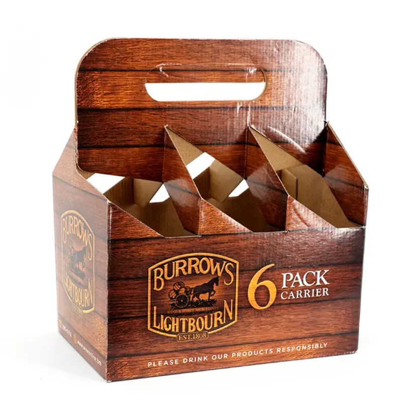 Wood-patterned bottle carrier with a handhold and open dividers.