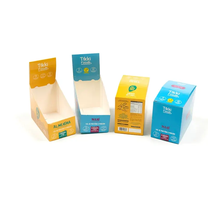 Yellow and blue cartons shown open as countertop displays.
