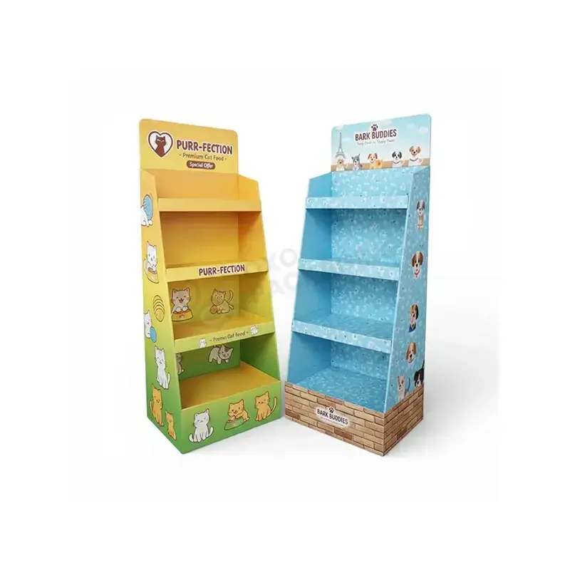Yellow and blue cardboard shelf displays with printed headers.