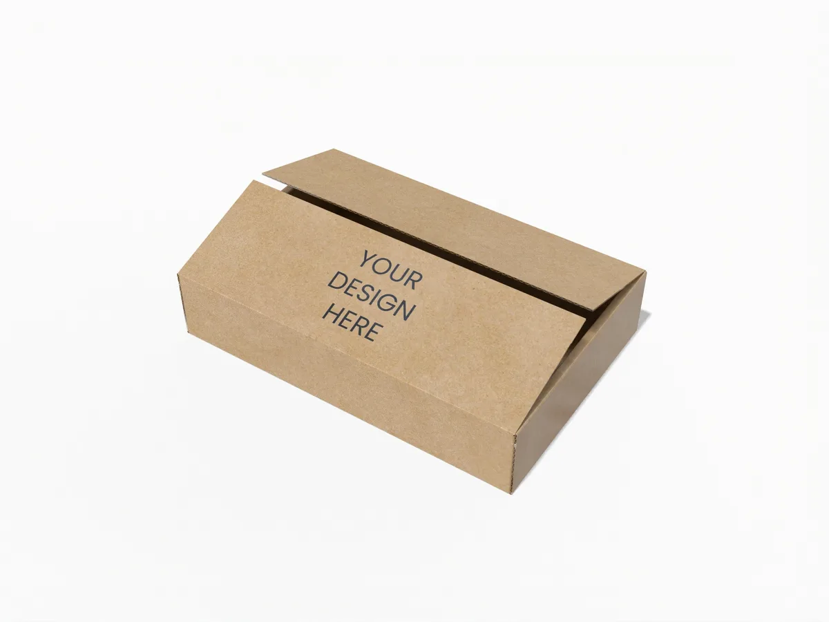 Kraft-coloured mailer with two opposing top flaps and a Your Design Here placeholder. Style E60001.