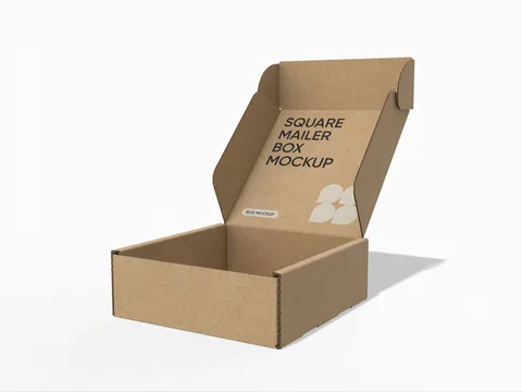 Open kraft-coloured corrugated mailer with generic square mailer box mockup lettering inside the lid. Style E60004.