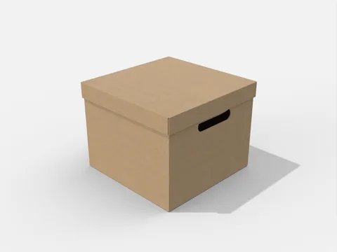 Closed kraft-coloured storage box with a separate shallow lid and a hand opening. Style E60005.