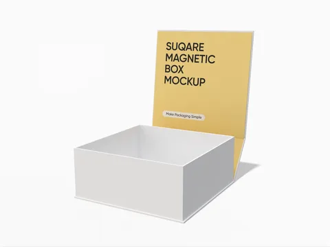Open white rigid gift box with a yellow inner lid carrying generic magnetic box mockup text. Style E60006.