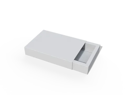 Blank white drawer box shown with its tray partly slid out of the sleeve. Style E60007.