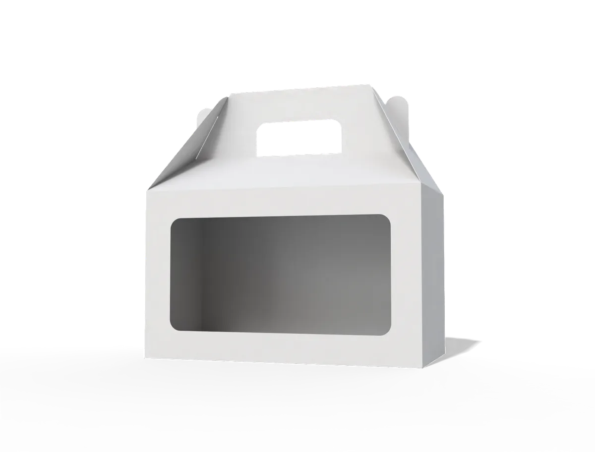 Blank white gable box with an integrated handle opening and rectangular front window. Style E60008.