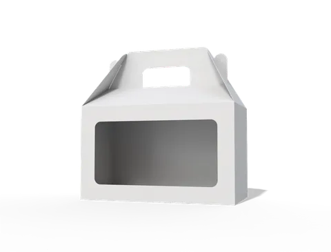 Blank white gable box with an integrated handle opening and rectangular front window. Style E60008.