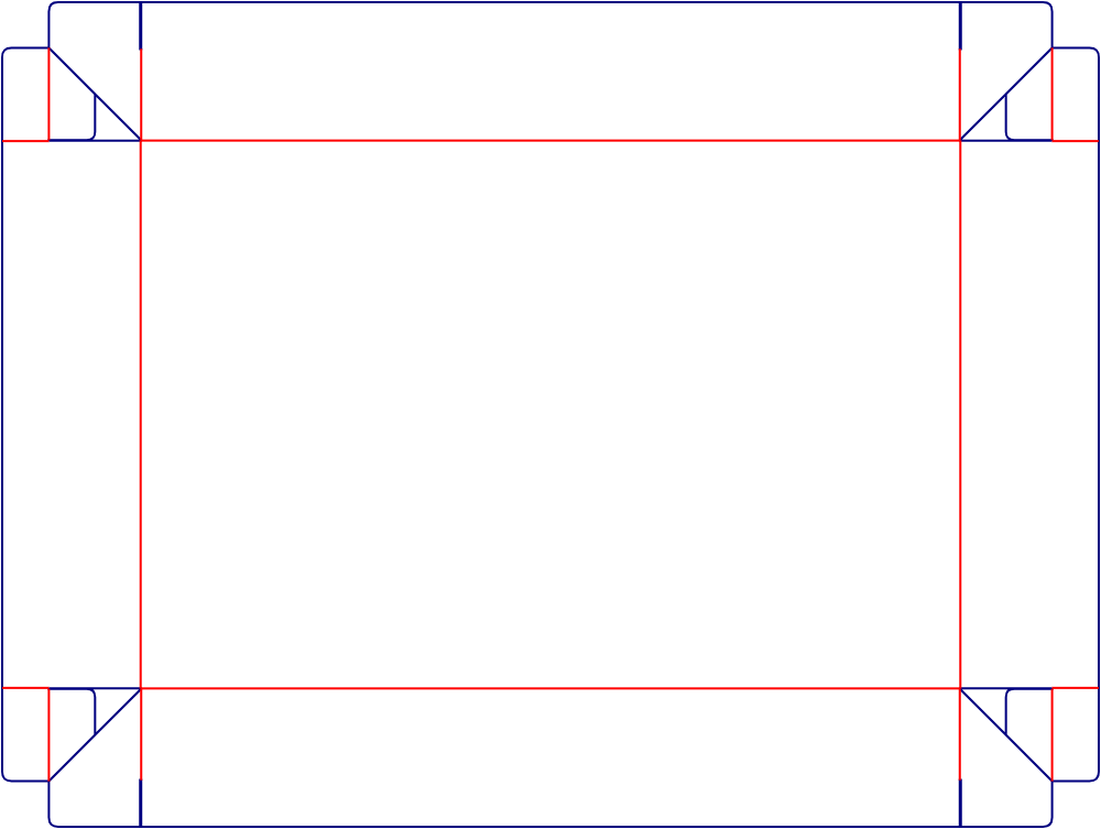 Flat dieline template for interlocking corner trays, style E60009.