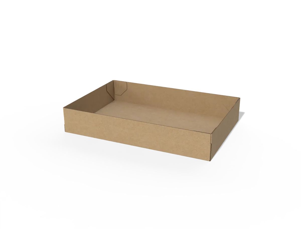 Open kraft-coloured rectangular paper tray with a visible folded interlocking corner. Style E60009.