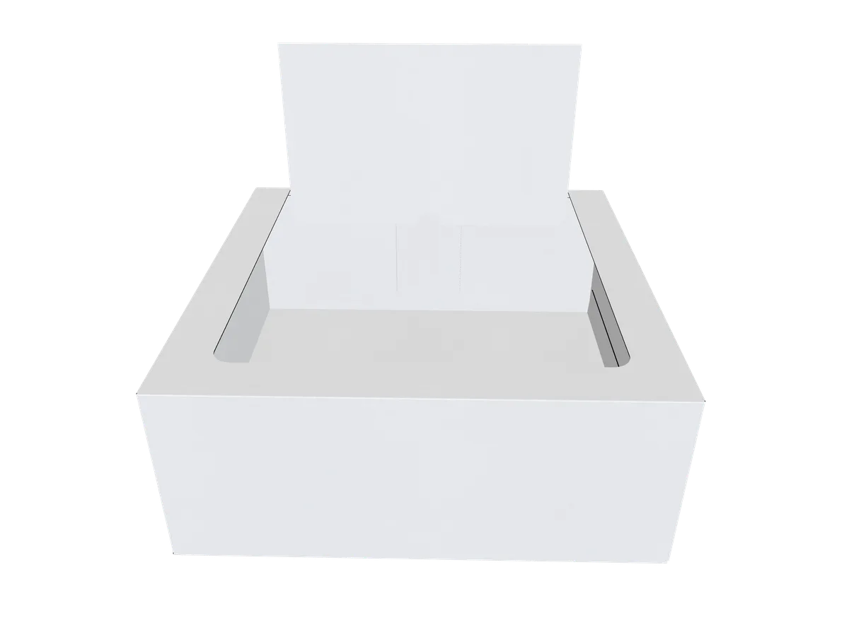 Blank white counter display tray with a raised rectangular back panel. Style E60010.