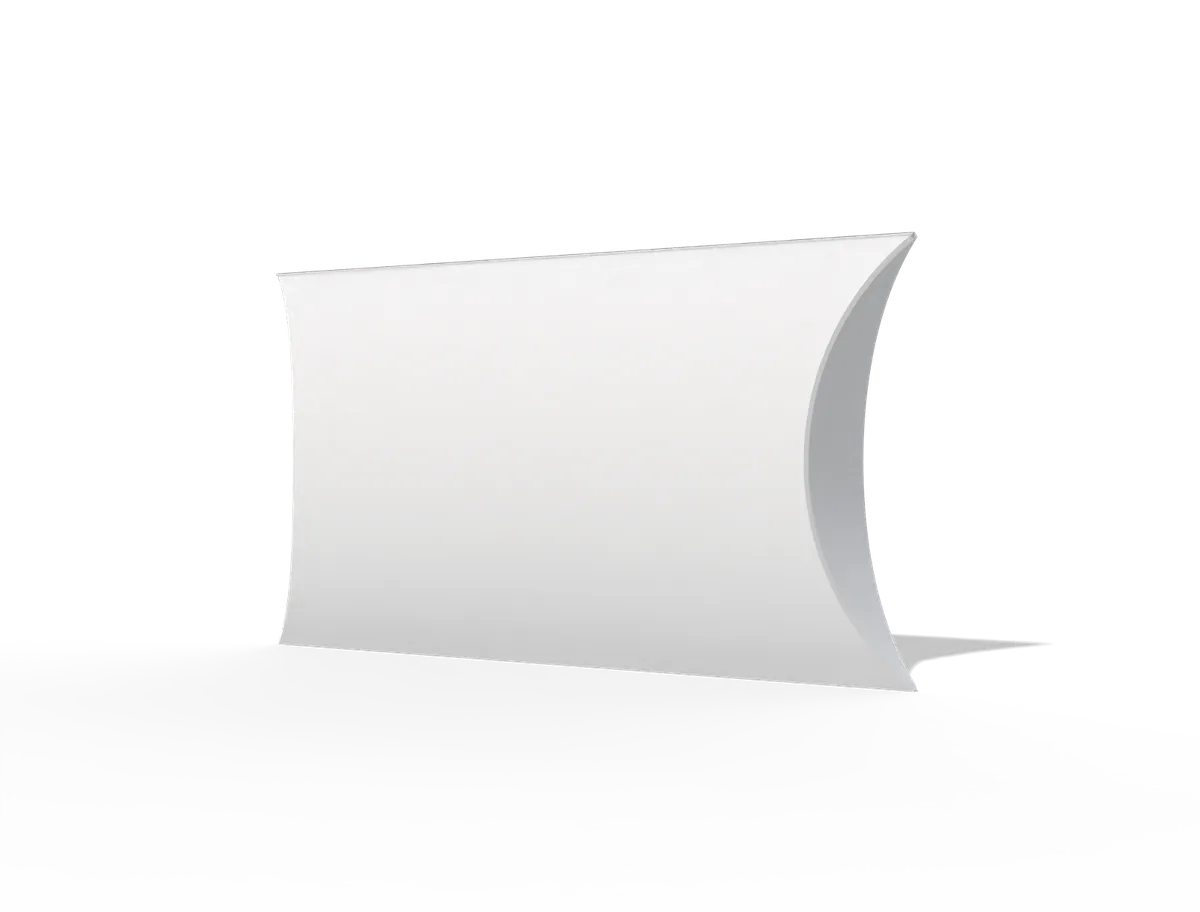 Blank white pillow box with curved folded ends. Style E60011.
