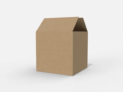 Kraft-coloured square shipping carton with its top flaps partly open. Style E60012.