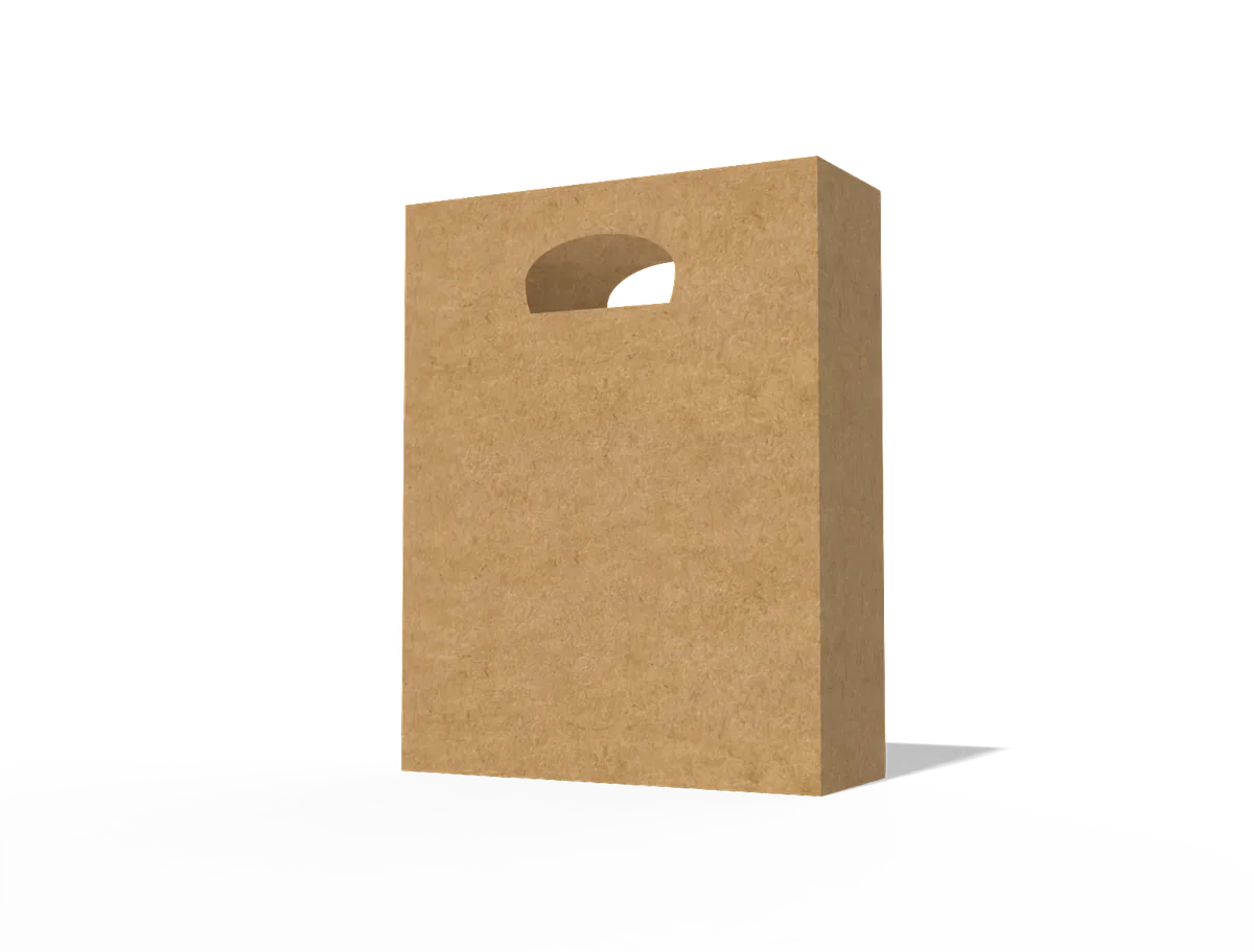 Blank kraft-coloured paper bag with a curved die-cut handle opening. Style E60013.