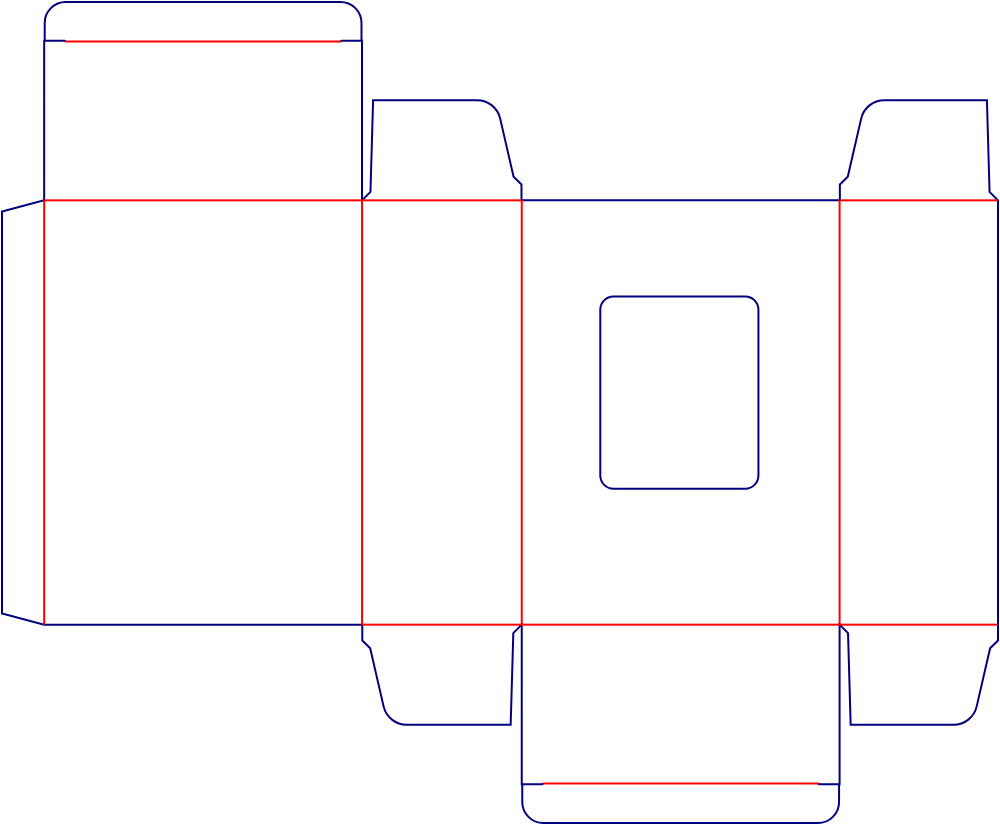 Flat dieline template for window reverse tuck-end cartons, style E60021.