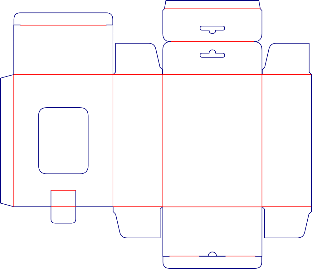 Flat dieline template for hanging reverse tuck-end cartons, style E60033.