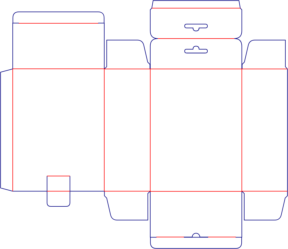 Flat dieline template for hanging reverse tuck-end cartons, style E60034.