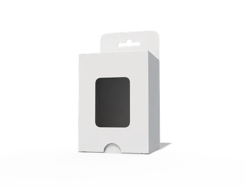 Reference view of hanging display cartons with windows, style E60036.