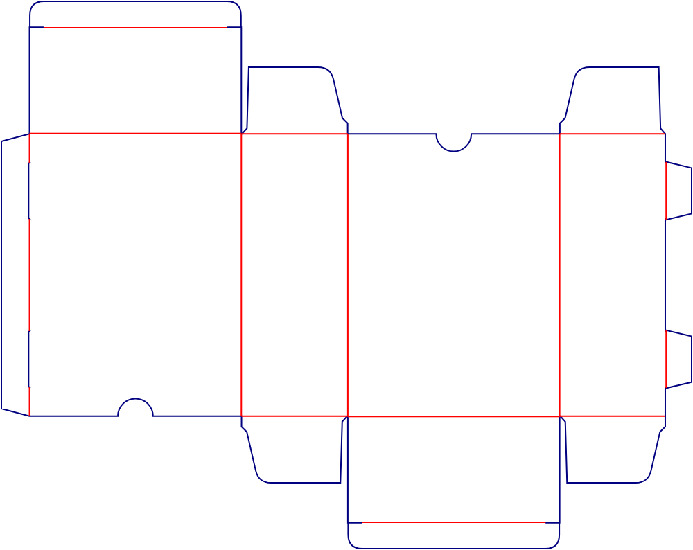 Flat dieline template for reverse tuck-end cartons, style E60043.