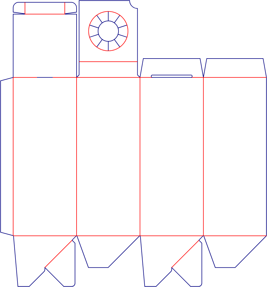 Flat dieline template for tuck-end bottle cartons, style E60066.