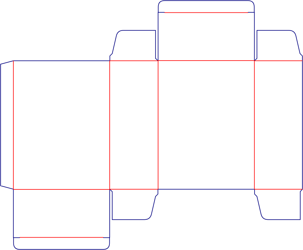 Flat dieline template for reverse tuck-end cartons, style E60074.