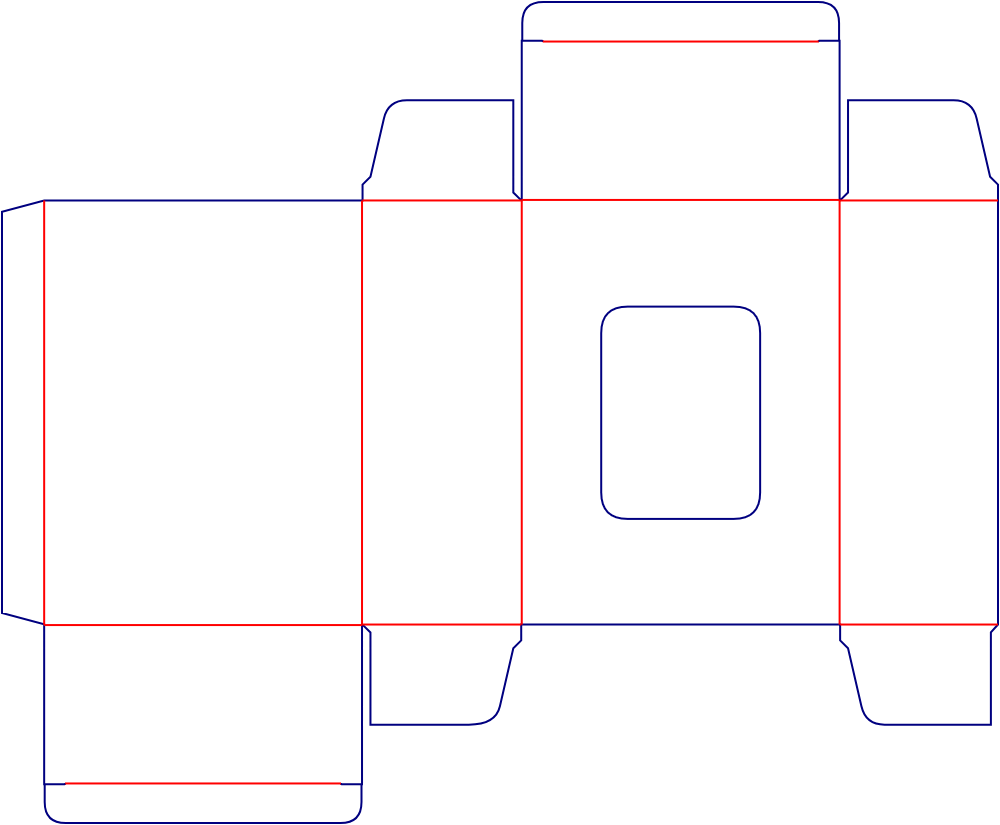 Flat dieline template for rear-opening window folding cartons, style E60077.