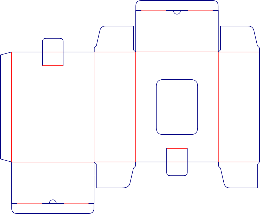 Flat dieline template for rear-opening folding cartons with locking tabs, style E60079.