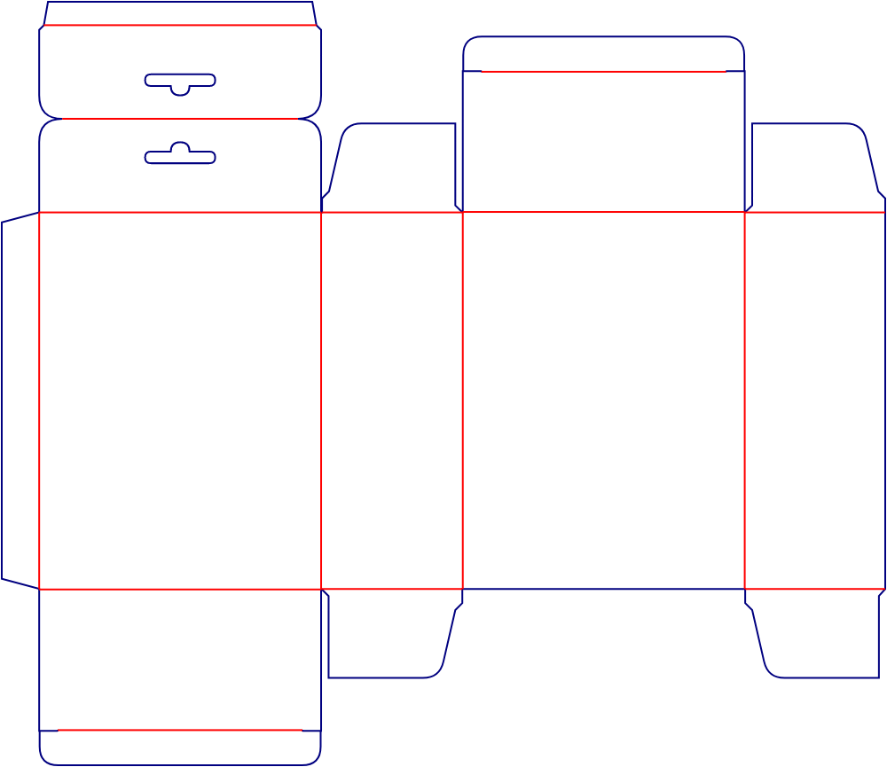 Flat dieline template for rear-opening reverse tuck-end cartons, style E60081.