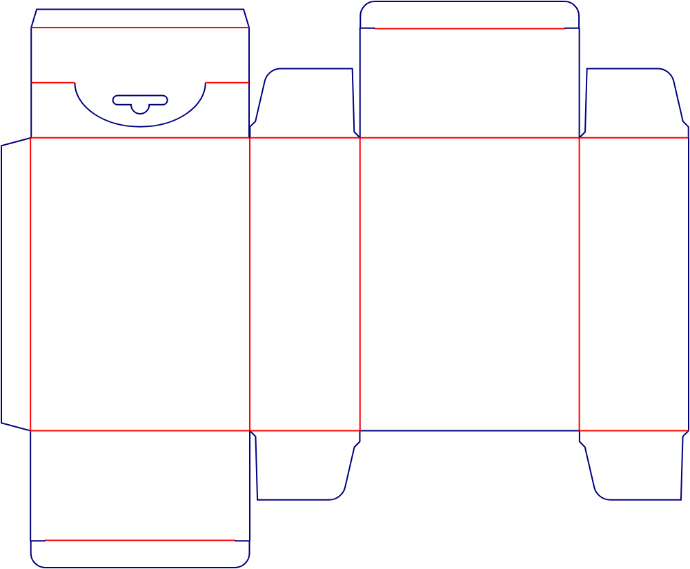 Flat dieline template for rear-opening tuck-end cartons, style E60086.