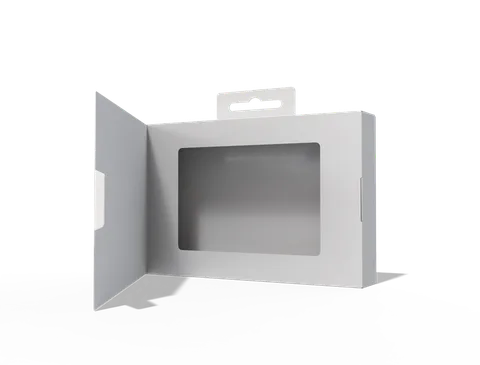 Reference view of window cartons with hinged covers, style E60107.