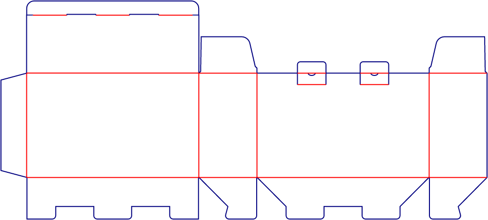 Flat dieline template for tuck-end cartons with stepped base notches, style E60110.