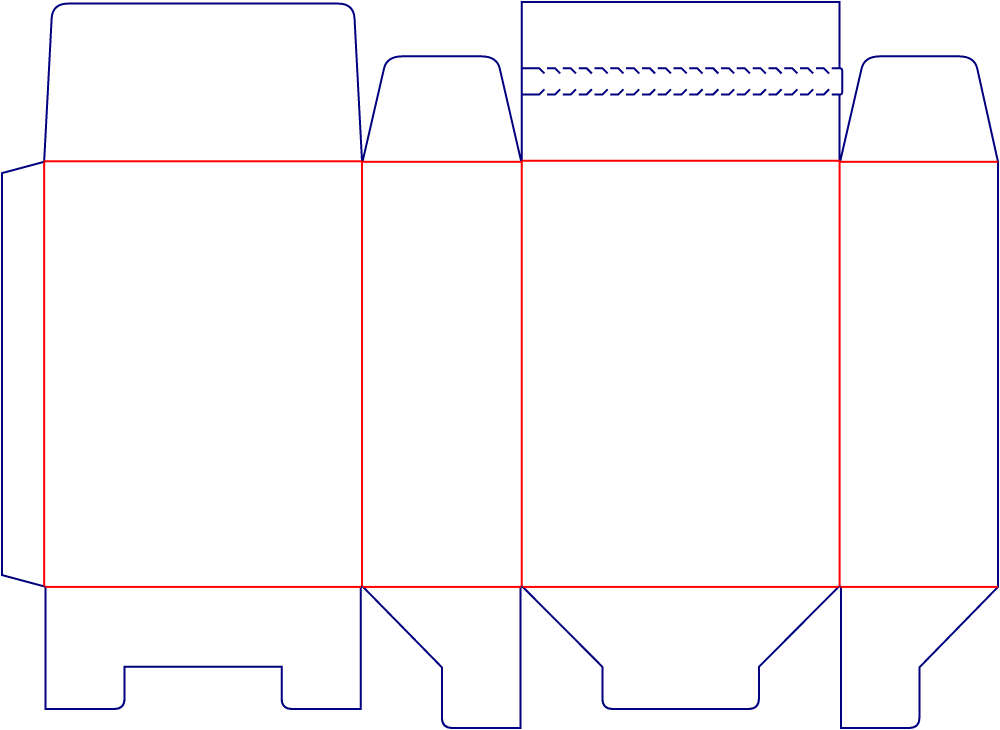 Flat dieline template for tear-open folding cartons, style E60113.