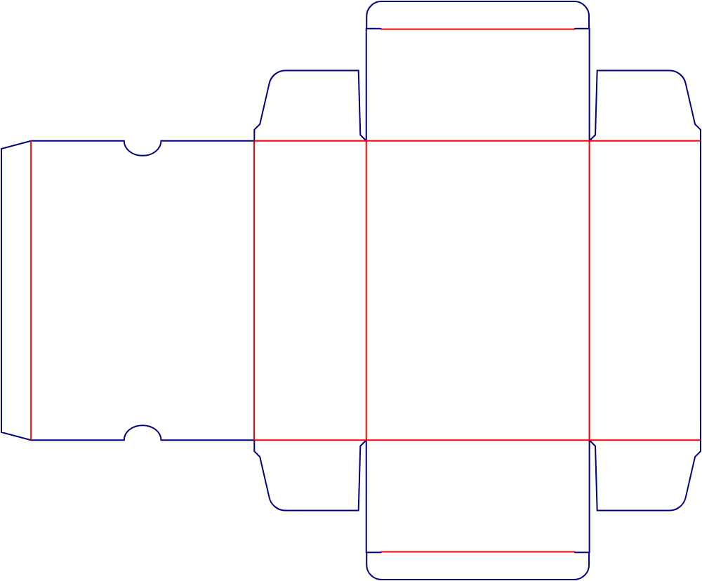 Flat dieline template for rear-opening folding cartons, style E60127.