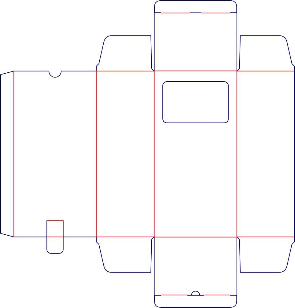 Flat dieline template for rear-opening tuck-end cartons, style E60131.