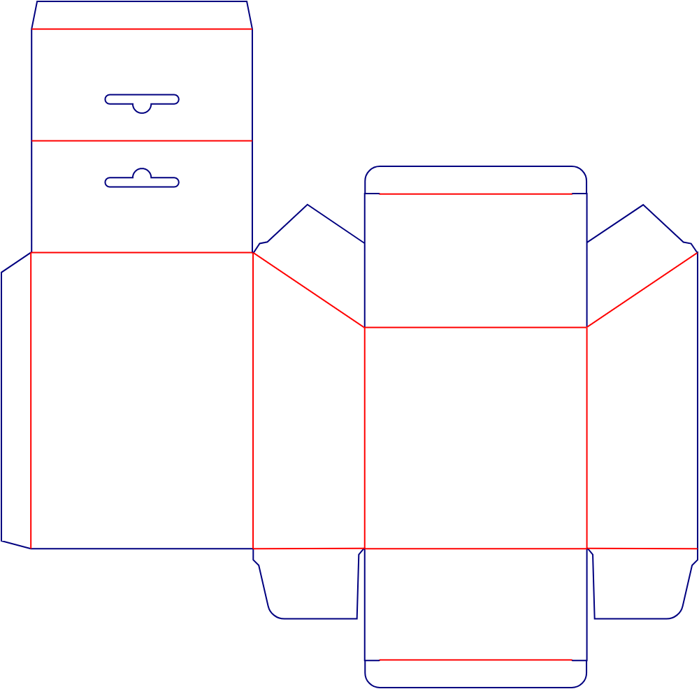Flat dieline template for trapezoidal tuck-end cartons, style E60141.