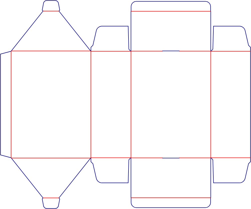 Flat dieline template for rear-opening tuck-end cartons, style E60152.