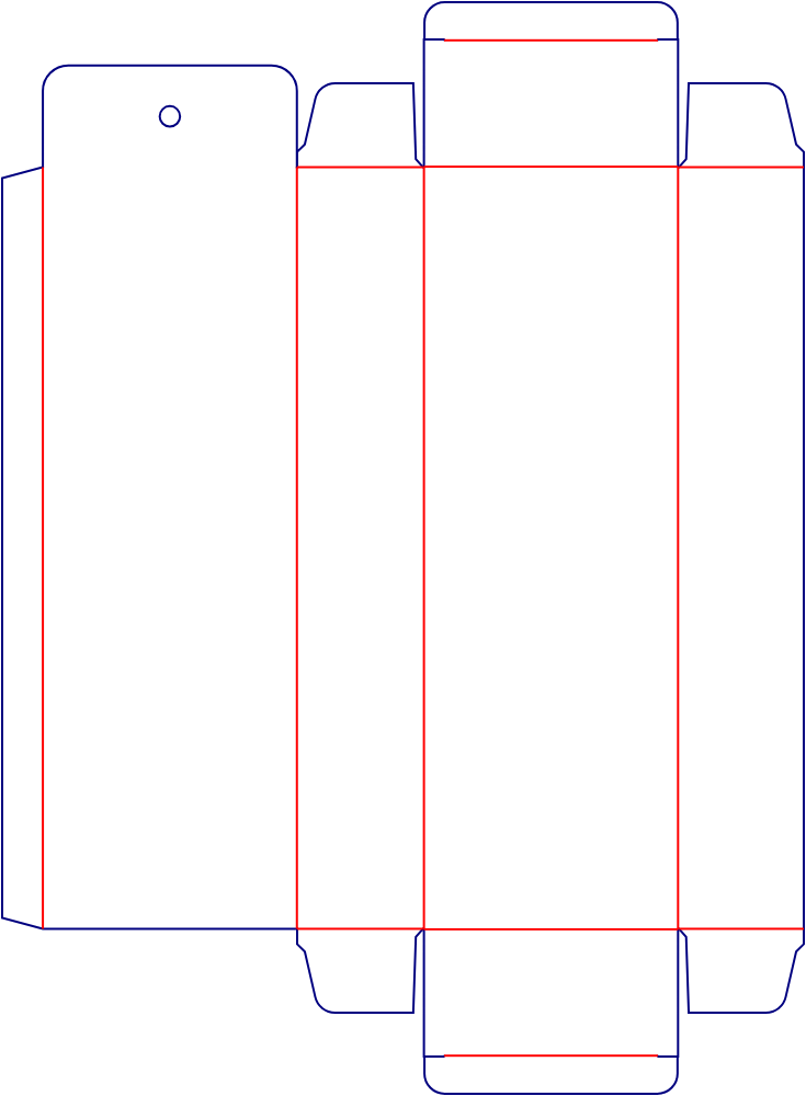 Flat dieline template for hanging straight tuck-end cartons, style E60155.