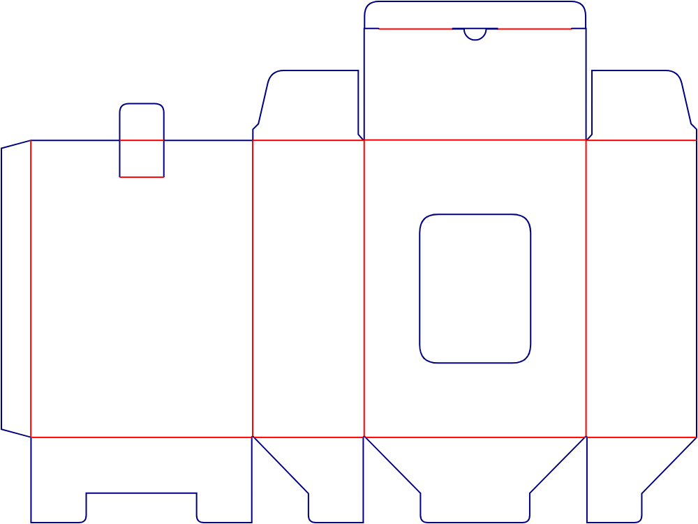 Flat dieline template for rear-opening window folding cartons, style E60162.