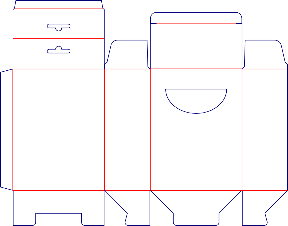 Flat dieline template for hanging display cartons with locking bases and windows, style E60177.