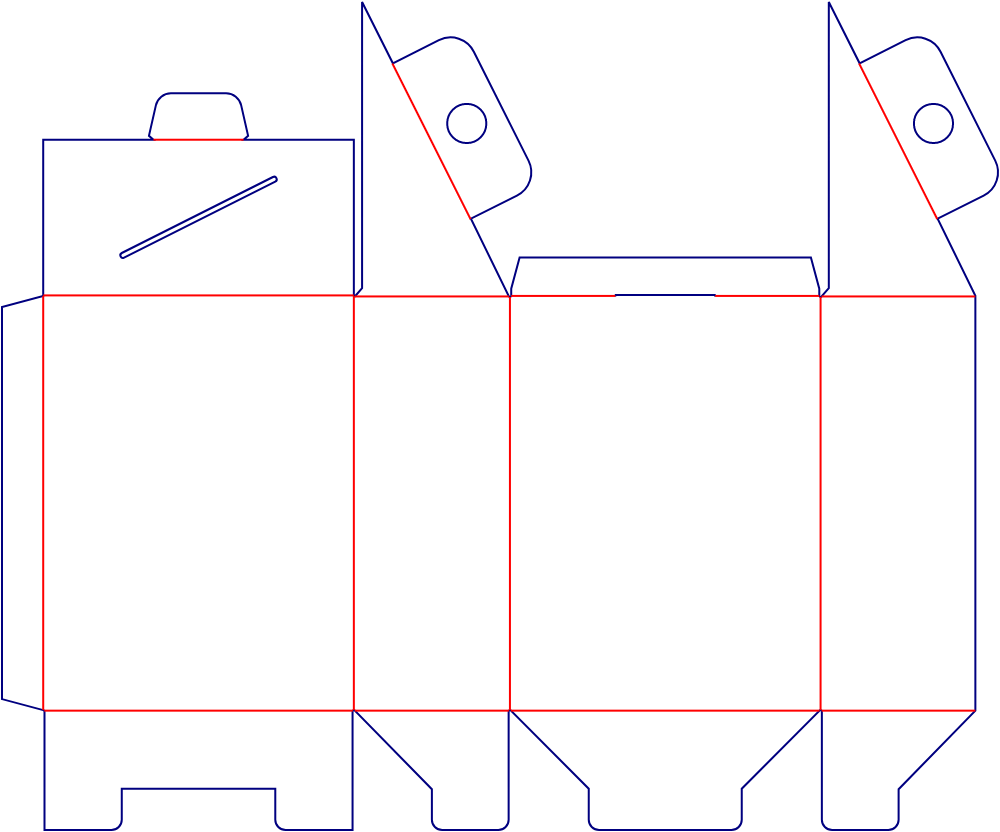 Flat dieline template for hanging tuck-end cartons with angled hanging openings, style E60178.
