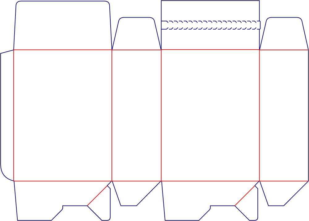 Flat dieline template for tear-open folding cartons, style E60190.